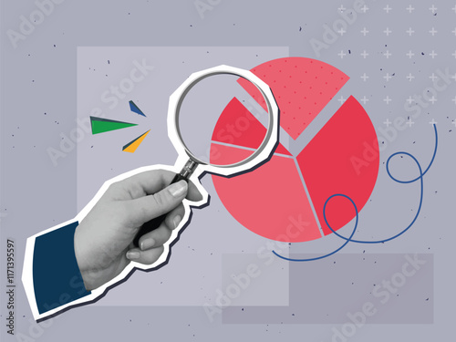 Man looking at round diagram through a magnifying glass. Modern collage style. Vector illustration