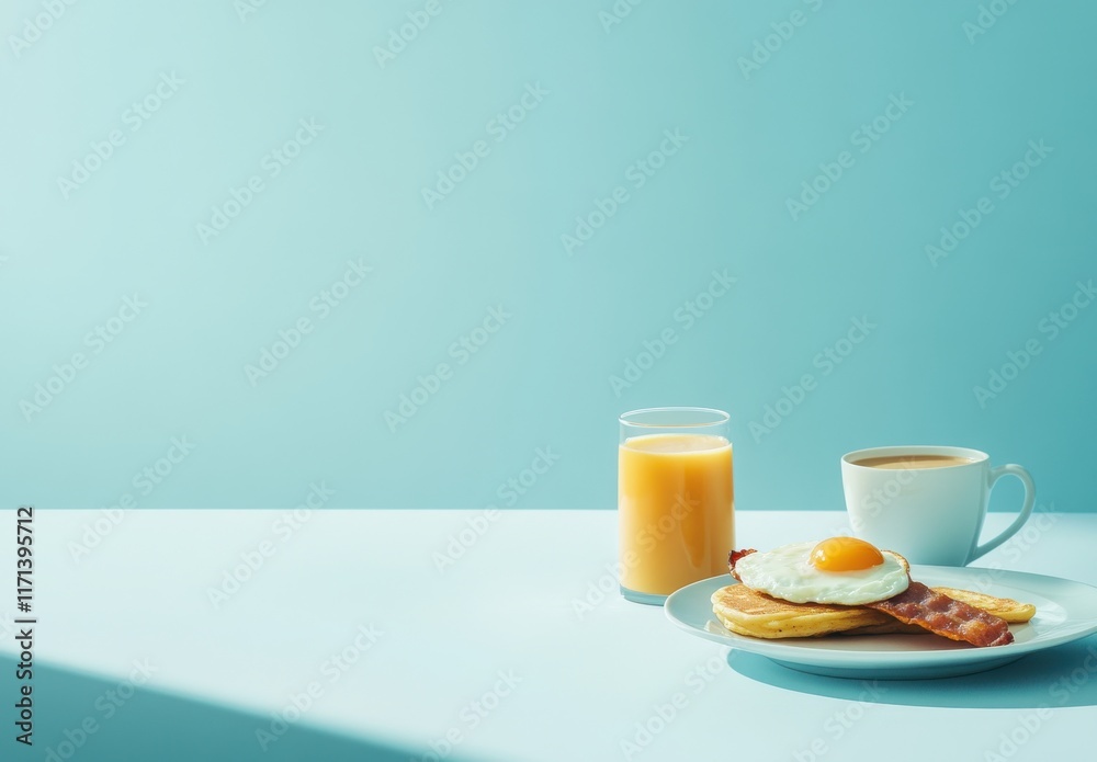 Delicious Breakfast Spread with Pancakes, Bacon, Egg, Coffee, and Fresh Orange Juice on a Minimalist Table Against a Soft Blue Background Delicious Breakfast Spread with Pancakes, Bacon, Egg, Coffee, and Fresh Orange Juice on a Minimalist Table Against a Soft Blue Background