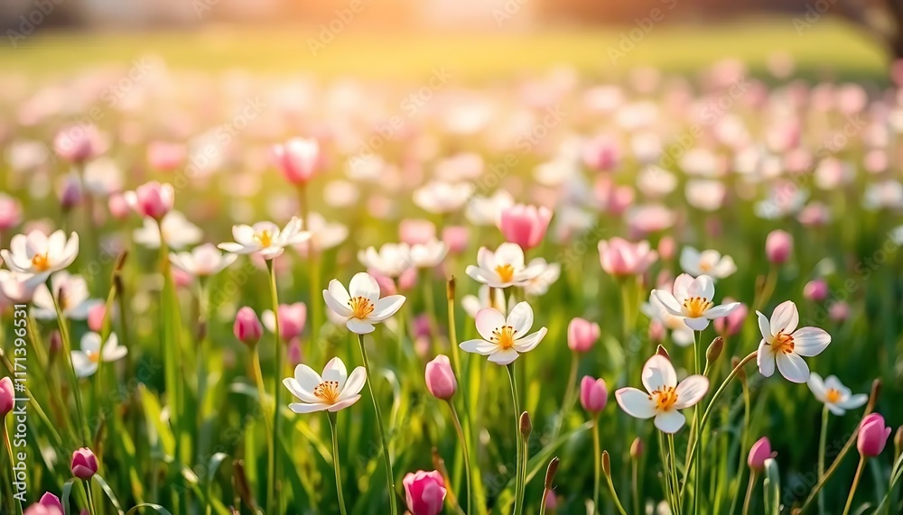 Springtime meadow blooming with delicate white and pink flowers Springtime meadow blooming with delicate white and pink flowers