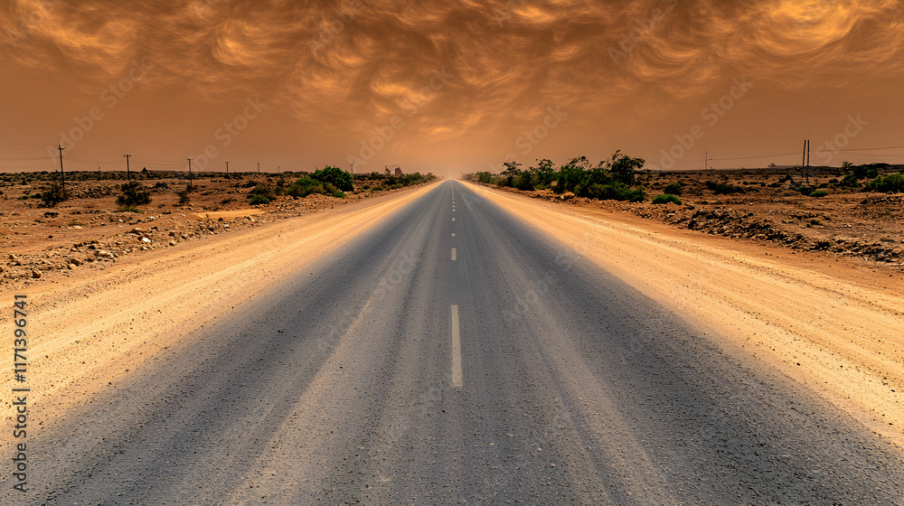 Naklejka premium Long desert highway under dramatic sky.