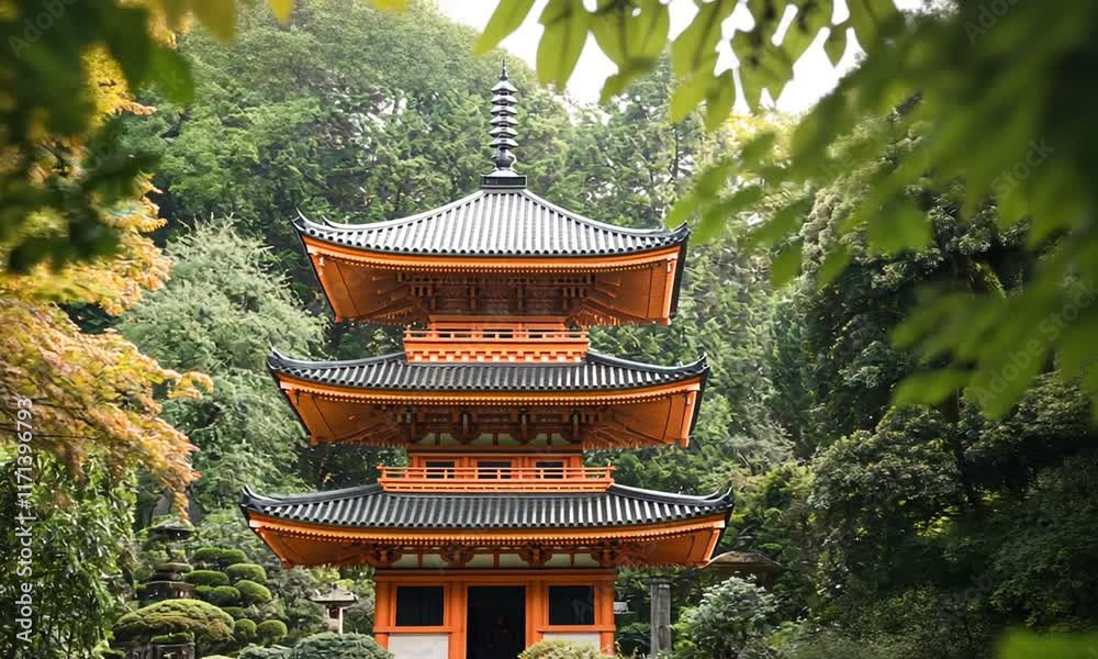 Three-story pagoda nestled amidst lush greenery in a Japanese forest. Three-story pagoda nestled amidst lush greenery in a Japanese forest.