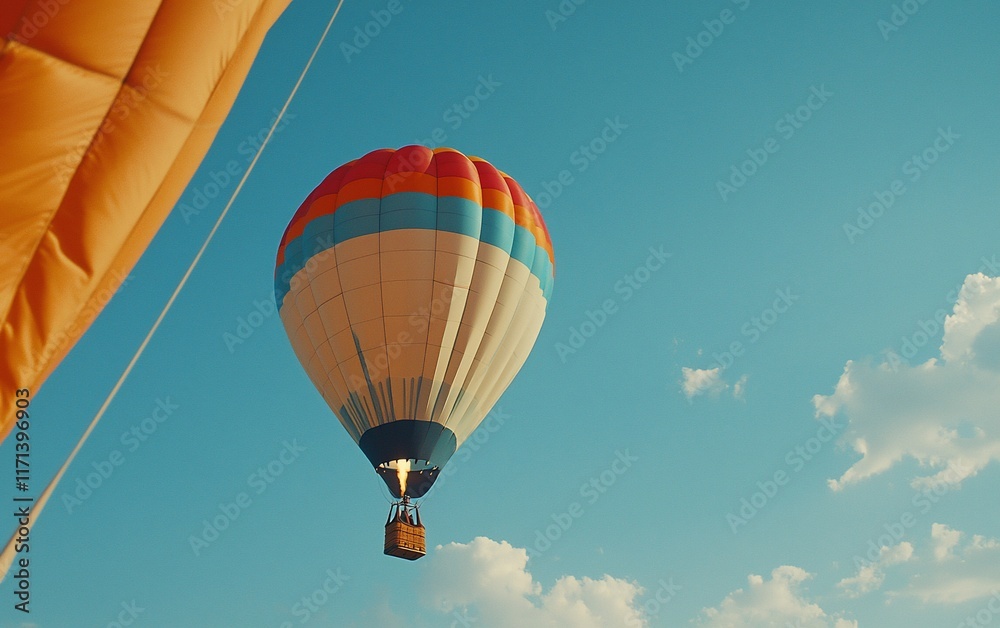 Colorful hot air balloon ascending in a clear blue sky. Colorful hot air balloon ascending in a clear blue sky.