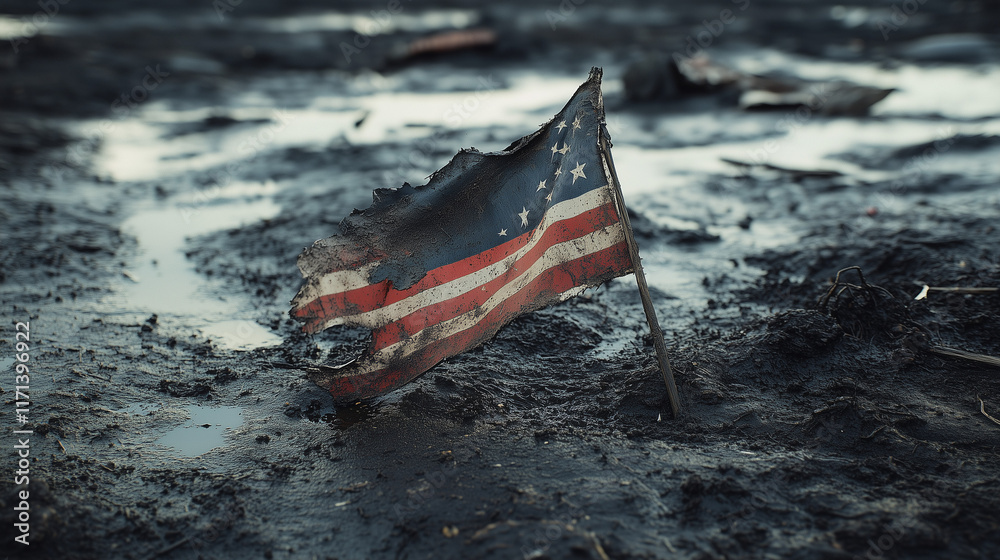 Fototapeta premium Worn American flag in muddy ground