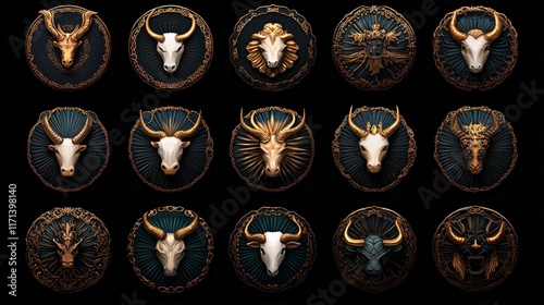 Elegant Collection of Zodiac Signs in Striking Gold and Black Design Featuring Astrological Symbols with Mystical and Celestial Themes and Elements photo