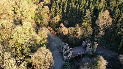 Ballysaggartmore Towers in Ireland on a frosty winter morning, showcasing Gothic Revival architecture in a serene woodland setting