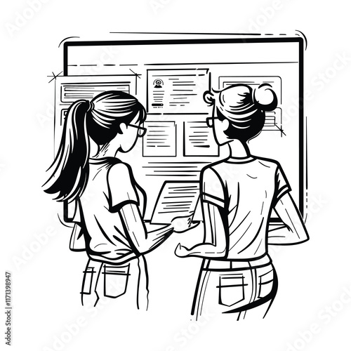 Elegant Illustrator Of Two Corporate Lady Gossiping Line Art Vector
