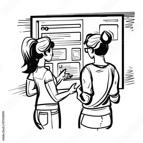 Elegant Illustrator Of Two Corporate Lady Gossiping Line Art Vector
