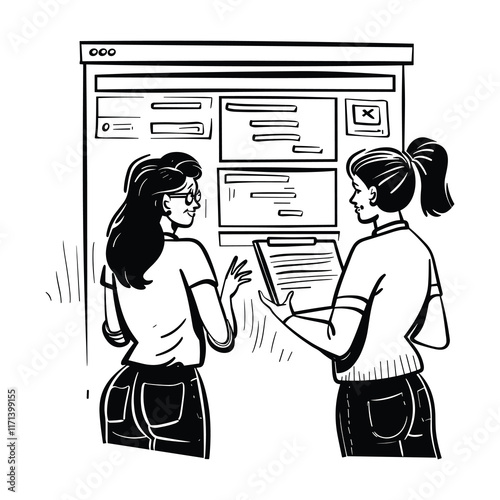 Elegant Illustrator Of Two Corporate Lady Gossiping Line Art Vector