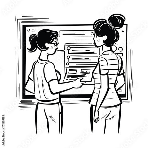 Elegant Illustrator Of Two Corporate Lady Gossiping Line Art Vector
