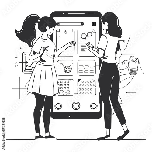 Elegant Illustrator Of Two Corporate Lady Gossiping Line Art Vector
