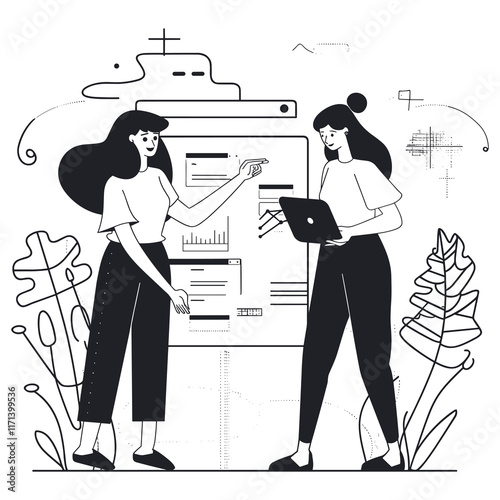 Elegant Illustrator Of Two Corporate Lady Gossiping Line Art Vector