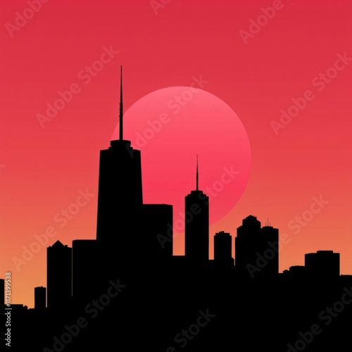 Silhouette of a city skyline at sunset with a red and blue gradient effect skyline silhouette 