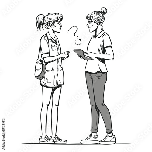 Elegant Illustrator Of Two Corporate Lady Gossiping Line Art Vector