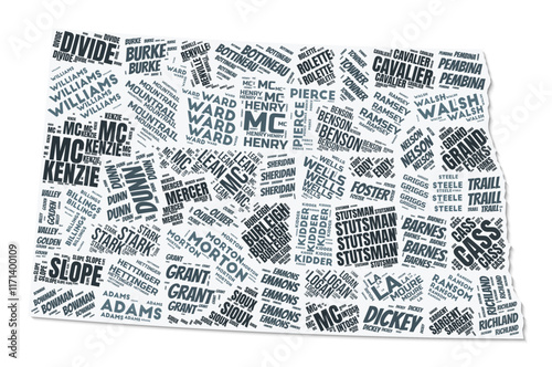 North Dakota shape text cloud. State border with shadow on white background. North Dakota with counties division in vintage gazette style. Amazing vector illustration.