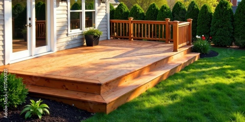 Sun-drenched Wooden Deck Adjoining a House with Lush Green Lawn and Privacy Hedge