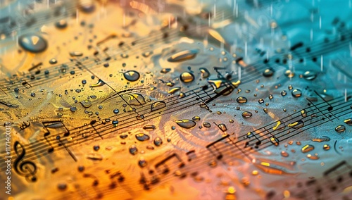 Wallpaper Mural Raindrops on sheet music create a beautiful, melancholic scene. The warm and cool tones blend together, capturing a moment of musical reflection. Torontodigital.ca