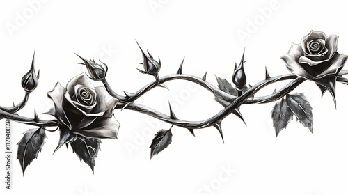 Fototapeta Naklejka Na Ścianę i Meble -  Silver metal rose vines with sharp thorns. gothic prickly vine elements isolated. Thorned. Illustration