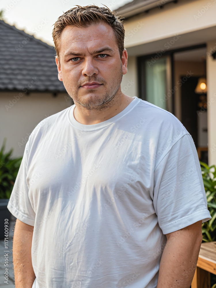 Fototapeta premium Retrato de un hombre joven blanco y con sobre peso vistiendo una camiseta blanca de algodón