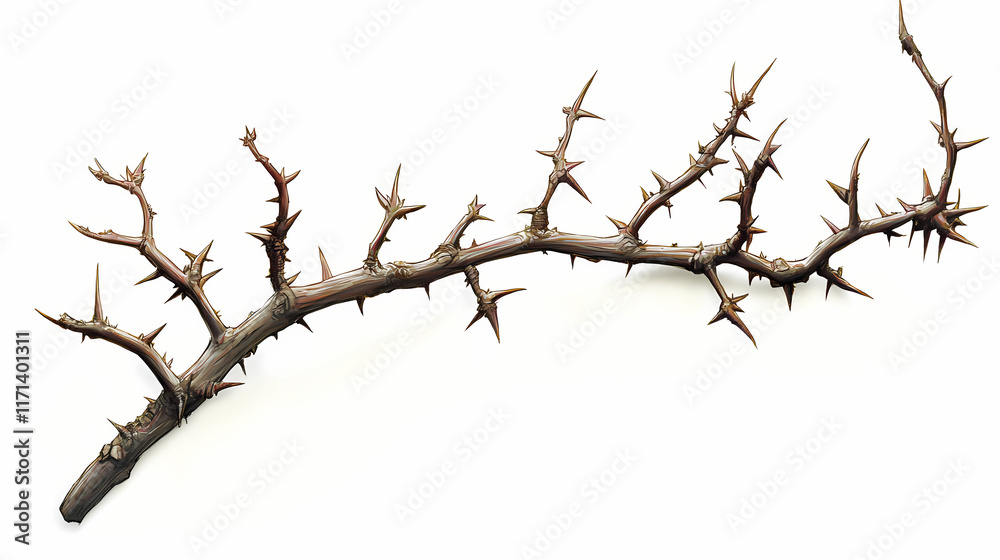 Thorny branch with sharp spikes on white background. Thorned. Illustration Thorny branch with sharp spikes on white background. Thorned. Illustration