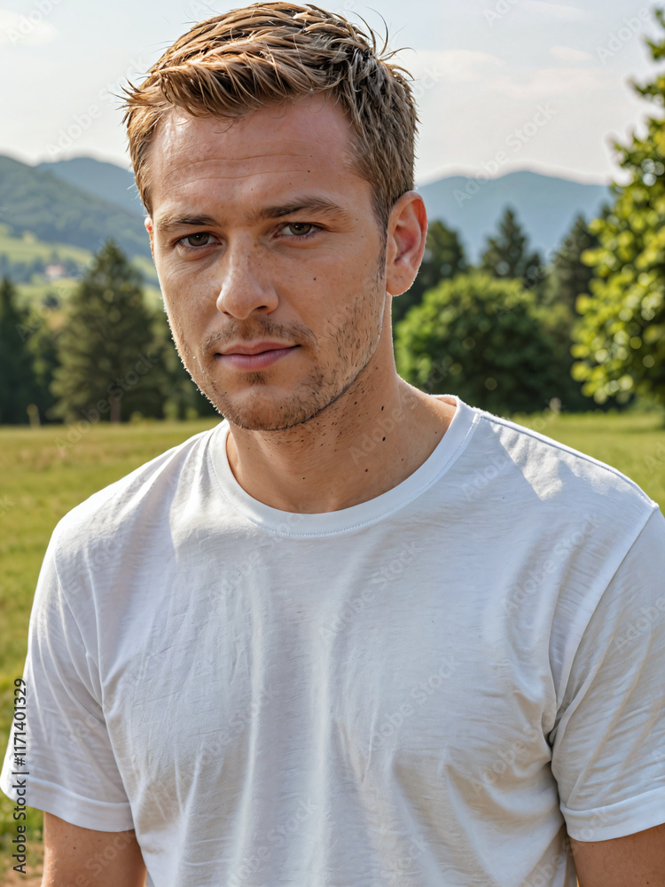 Retrato de un hombre joven blanco y apuesto vistiendo una camiseta blanca de algodón en la naturaleza Retrato de un hombre joven blanco y apuesto vistiendo una camiseta blanca de algodón en la naturaleza