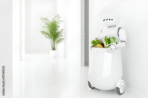 White robotic assistant carrying a container filled with fresh groceries in a bright, modern interior, symbolizing advanced home automation and convenience in daily tasks
