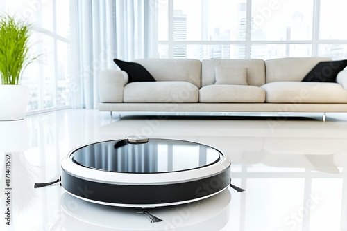 Modern living room with a robotic vacuum cleaning a glossy white floor, featuring a beige sofa, black cushions, a potted plant, and large windows with cityscape views, showcasing clean and smart livin