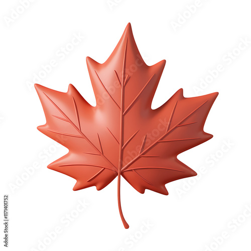 A 3D render of a cartoon style autumn maple leaf with a minimalist style. The leaf is orange and has a few veins. It is isolated on a transparent background.