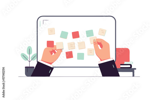 : a character placing sticky notes 