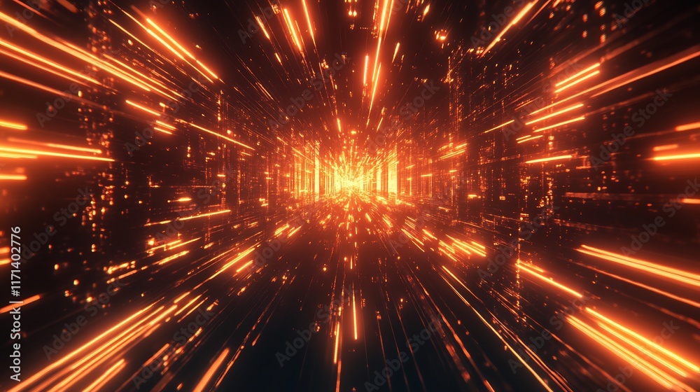 Naklejka premium Abstract Orange Light Tunnel: A Journey Through Digital Space