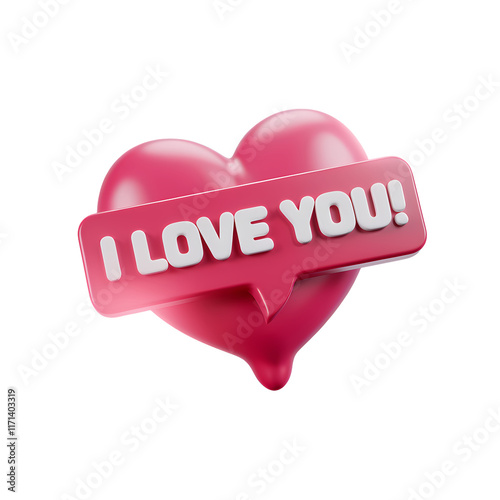 A 3D render of a heart-shaped speech bubble with the text 