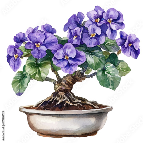 A watercolor vector painting of an African Violet Bonsai, isolated on a white background. African Violet Bonsai vector.

