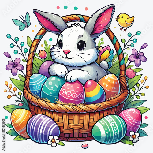 Bunny sitting in a basket of Easter eggs. stock illustration