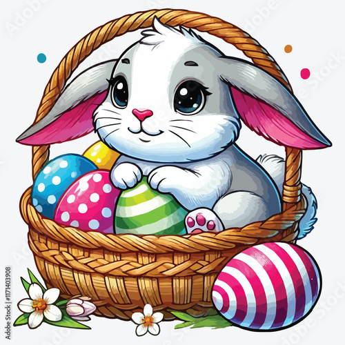 Bunny sitting in a basket of Easter eggs. stock illustration