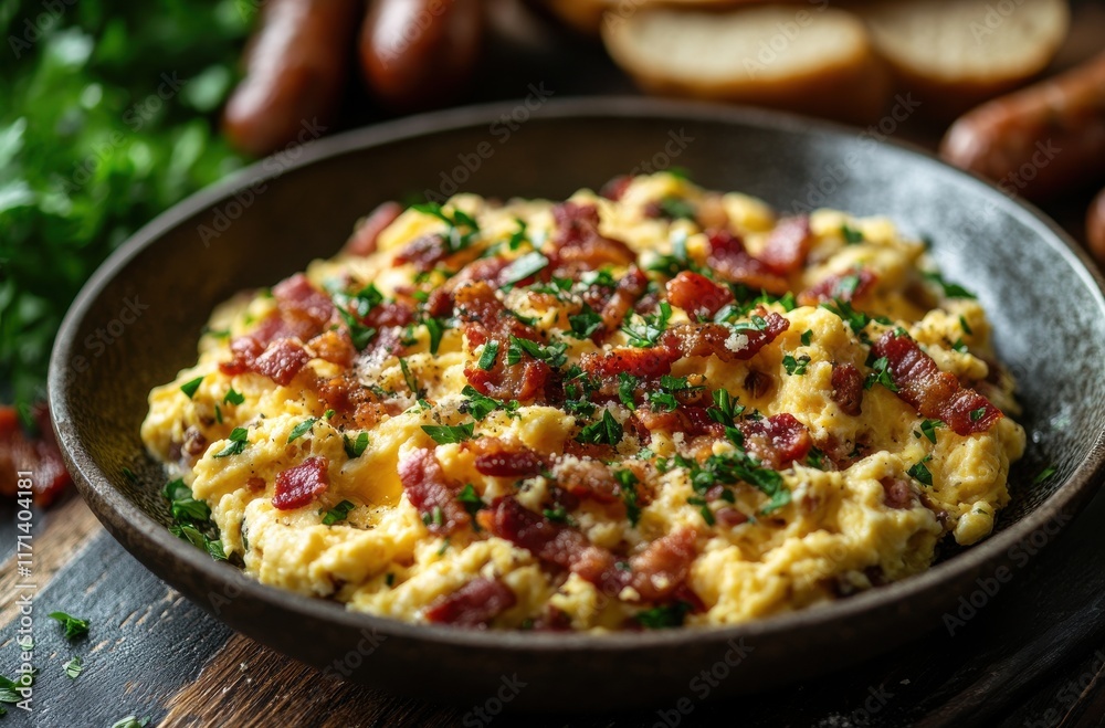 Delicious Scrambled Eggs with Crispy Bacon and Fresh Parsley Garnish on a Rustic Wooden Table Surrounded by Sausages and Bread in a Cozy Breakfast Setting Delicious Scrambled Eggs with Crispy Bacon and Fresh Parsley Garnish on a Rustic Wooden Table Surrounded by Sausages and Bread in a Cozy Breakfast Setting