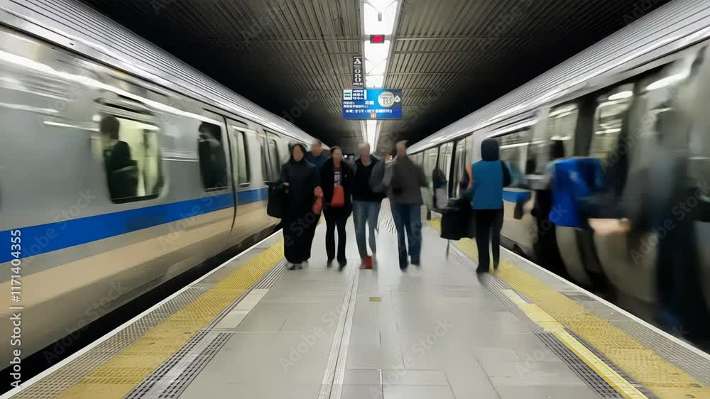 Experience the vibrant energy of commuters navigating a busy underground metro station. Observe the swift movement of passengers as they travel during peak hours.