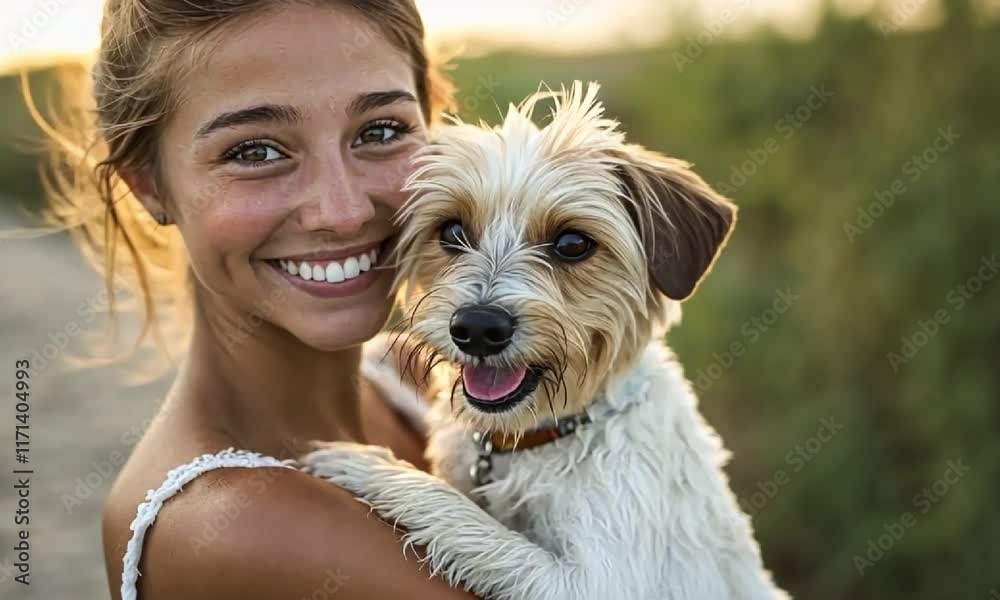 Joyful woman embracing playful dog in sunlit meadow at sunset Joyful woman embracing playful dog in sunlit meadow at sunset