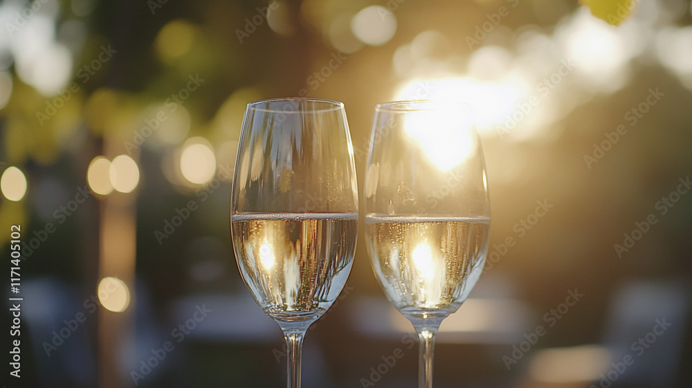 Romantic toast with sparkling wine on Proposal Day at sunset