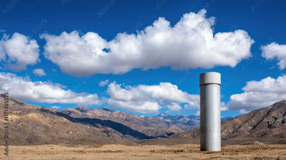 Research Lab concept. cylindrical metal structure stands in desert landscape under bright blue sky Research Lab concept. cylindrical metal structure stands in desert landscape under bright blue sky