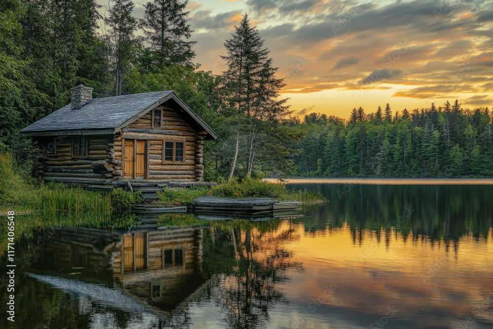 Obraz premium log cabin by a tranquil lake during sunset. The golden hues of the sky reflect beautifully on the water, surrounded by dense green forest, creating a peaceful and picturesque scene