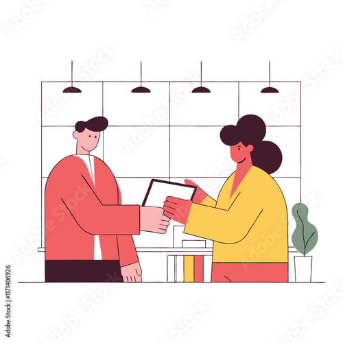  Two minimalist characters exchanging documents