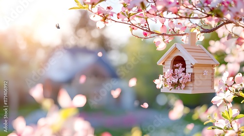 Wooden birdhouse hanging on blossoming tree branch in spring garden.