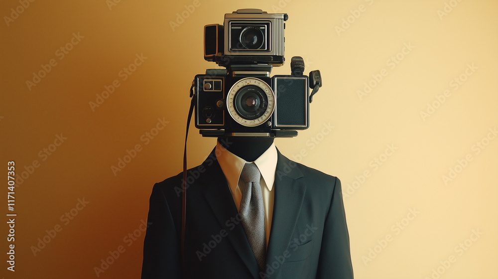 Fototapeta premium A man with a camera as his head, wearing a suit, standing in yellow background room