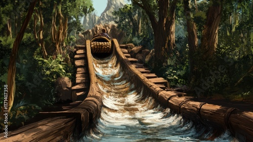 Wooden Flume Ride Through Lush Green Forest