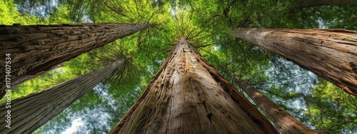 A captivating image of the towering redwood trees in California闁炽儲鐛 Redwood National Park, viewed from the forest floor looking up, Redwood forest scene photo