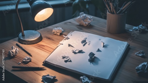 Creative Workspace with Crumpled Paper and Lamp