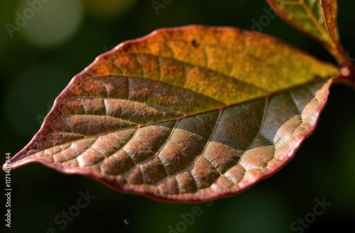 close-up of single autumn leaf with rich red and orange hues against dark green blurred background. nature and seasonal change concept. plants, ecology, botany, environmental campaign photo