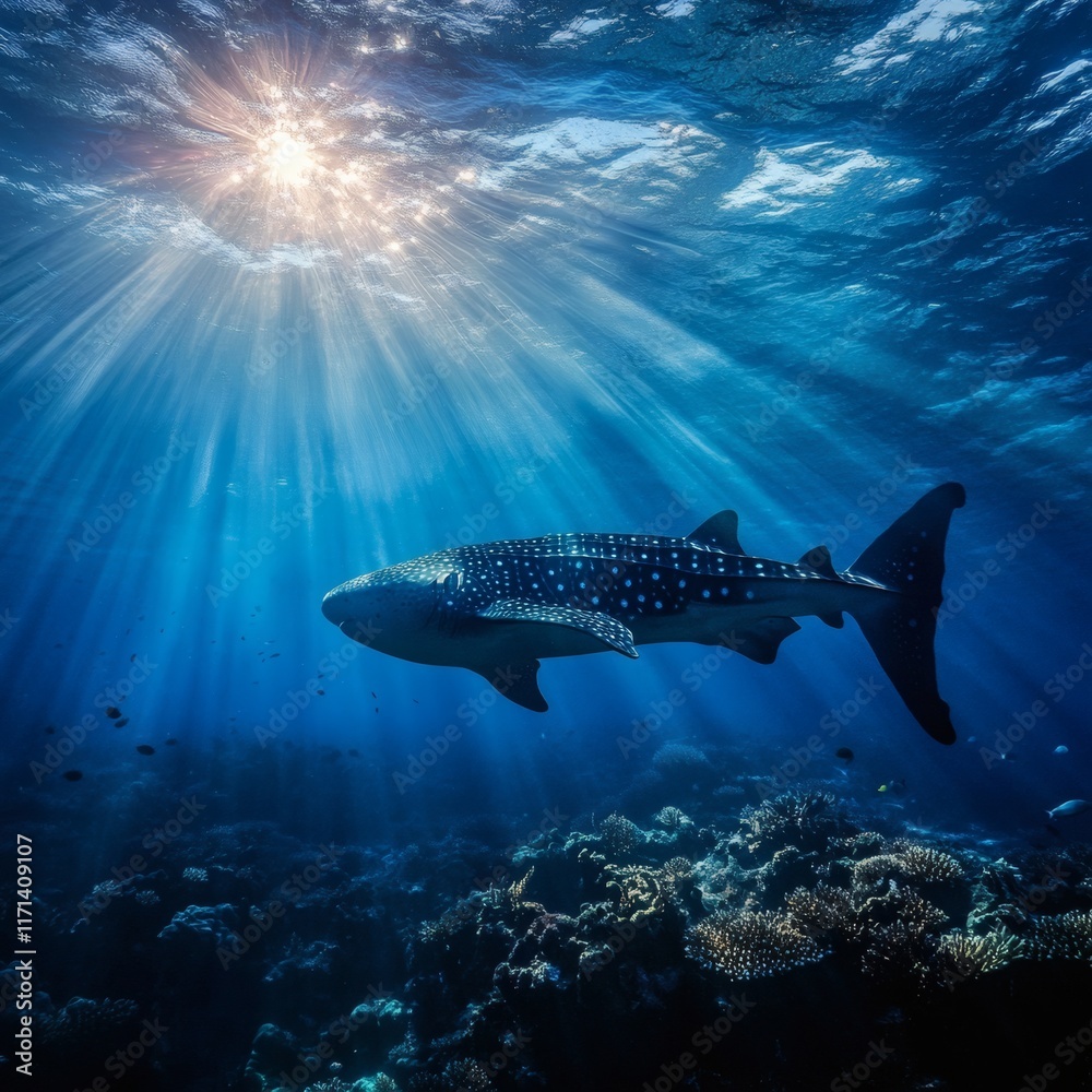 Fototapeta premium deep blue underwater with sun beams background