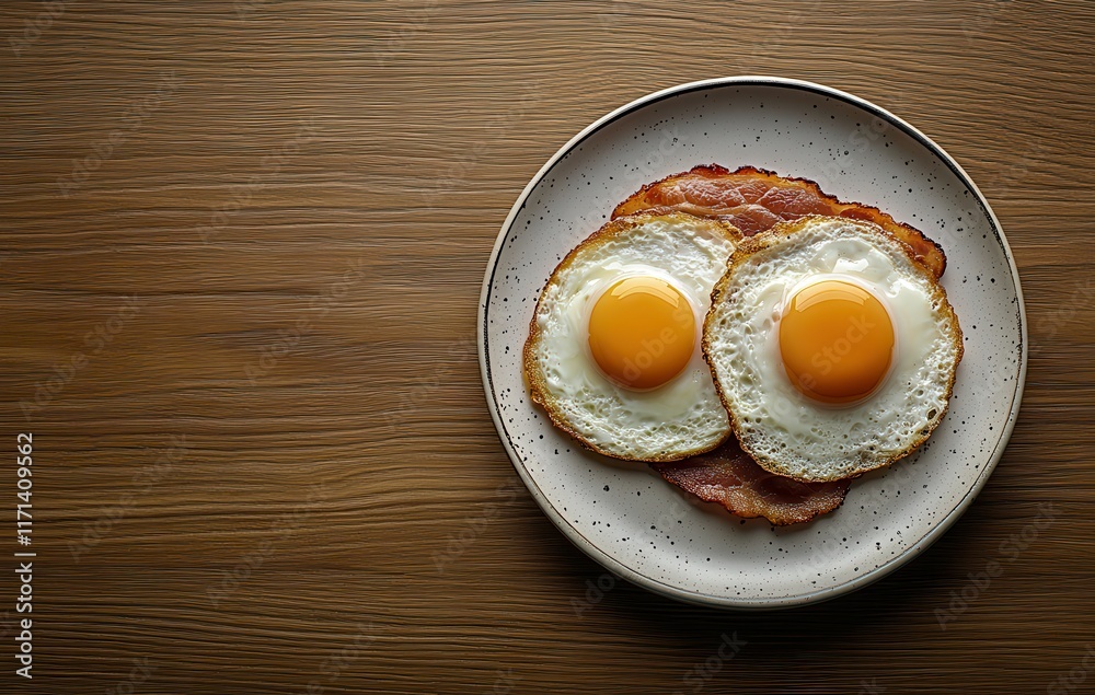 Deliciously Cooked Eggs and Crispy Bacon Served on a Rustic Plate on a Wooden Table, Perfect for Breakfast or Brunch and Food Photography Ideas Deliciously Cooked Eggs and Crispy Bacon Served on a Rustic Plate on a Wooden Table, Perfect for Breakfast or Brunch and Food Photography Ideas