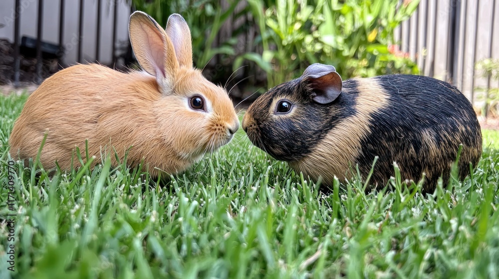 A rabbit and a guinea pig interacting in a grassy backyard. A rabbit and a guinea pig interacting in a grassy backyard.