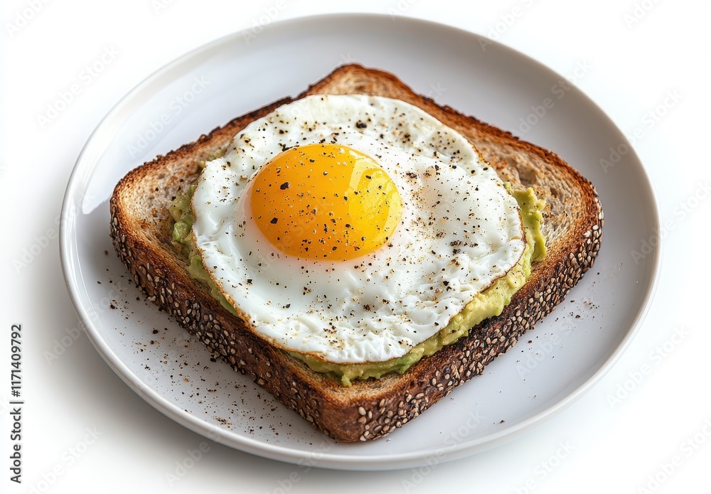 Deliciously Cooked Fried Egg on Toast with Creamy Avocado Spread Garnished with Fresh Black Pepper on a Simple White Plate Deliciously Cooked Fried Egg on Toast with Creamy Avocado Spread Garnished with Fresh Black Pepper on a Simple White Plate